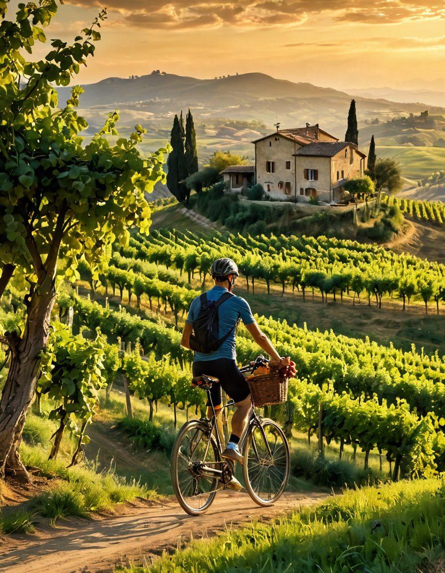 A picturesque scene of a cyclist riding through lush rolling hills of a vineyard in Italy, with grapevines stretching out under a golden sunset sky. In the background, a charming rustic winery lies among olive trees, and the cyclist is wearing a classic straw hat. Include a basket on the bike filled with wine bottles and a couple of glasses. The atmosphere is lively and inviting, capturing the essence of Italian wine culture. vibrant colors. super-realistic.