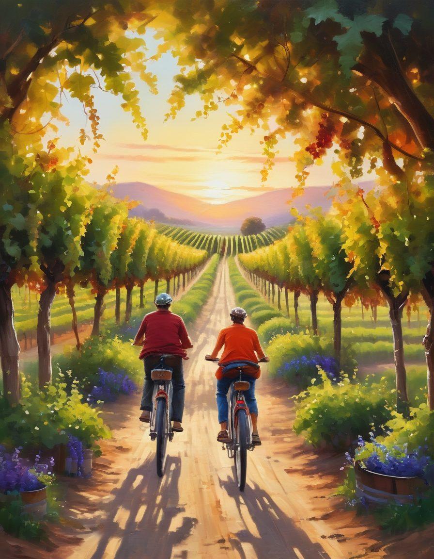 A scenic vineyard landscape with cyclists leisurely riding through rows of grapevines, showcasing hidden wine treasures in charming rustic barrels along the path. Incorporate vibrant grapes hanging from the vines and a sunset casting warm hues over the scene, creating an inviting atmosphere. Capture the joy of exploration with individuals savoring wine samples beside their bikes. painting. vibrant colors. natural lighting.